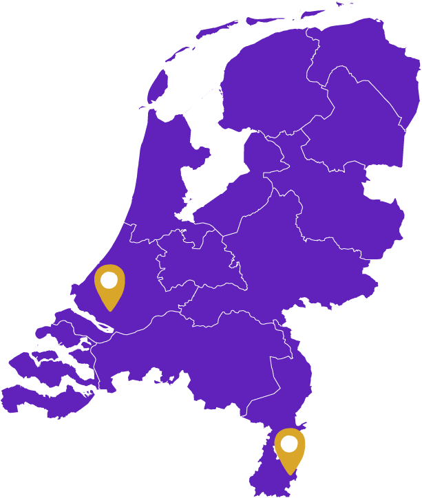 Kaart van Nederland met twee spelden geplaatst op Landgraaf en Nieuw-Lekkerland